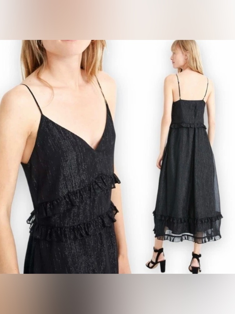 Madewell Black/Silver V-Neck Ruffles 
Maxi Dress Women’s Size: 4 - Picture 2 of 10